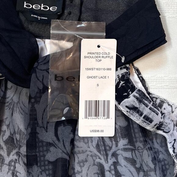 💥SALE bebe NWT Cold Shoulder Ruffle Top Ghost Lace 1 Size S Black White Gry - Picture 7 of 15